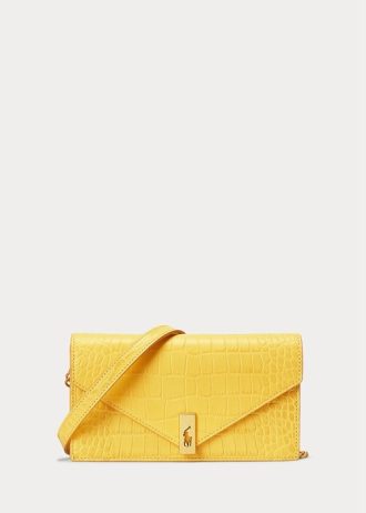 Senfgelbe Ralph Lauren Polo ID Geldbörsen mit Krokodilprägung und Kette für Damen