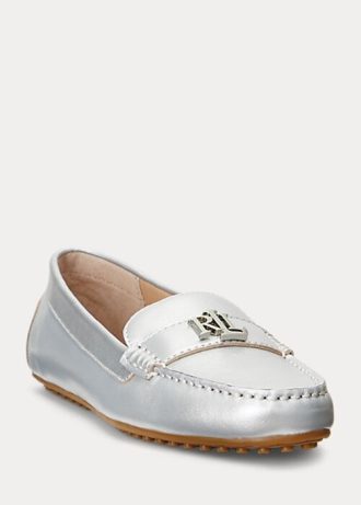 Silber Ralph Lauren Barnsbury Flache Driver-Schuhe aus metallischem Nappaleder für Damen