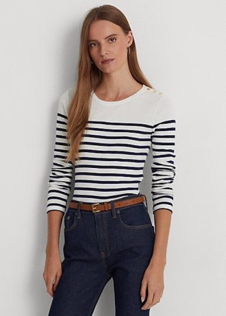 Weiß / Marineblau gestreifte Langarm-T-Shirts aus Baumwolle von Ralph Lauren für Damen Weiß / Marineblau gestreifte Langarm-T-Shirts aus Baumwolle von Ralph Lauren für Damen
