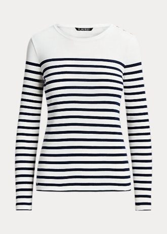 Weiß / Marineblau gestreifte Langarm-T-Shirts aus Baumwolle von Ralph Lauren für Damen Weiß / Marineblau gestreifte Langarm-T-Shirts aus Baumwolle von Ralph Lauren für Damen