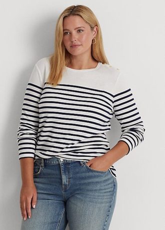 Weiß / Marineblau gestreifte Langarmshirts aus Baumwolle von Ralph Lauren für Damen
