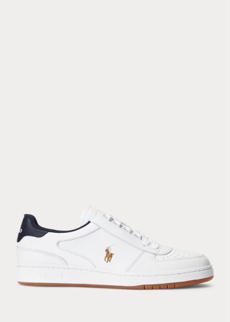 Weiß / Marineblaue Ralph Lauren Court Leder Low-Top Sneakers für Herren
