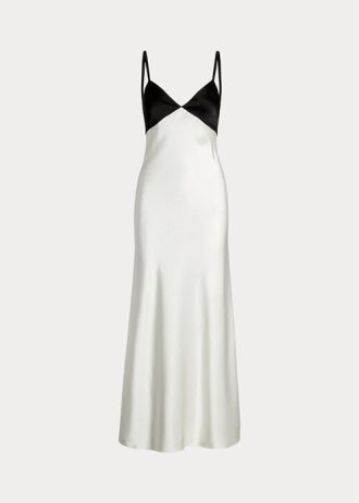 Weiß / Schwarz Damen Ralph Lauren Kontrast Satin Ärmelloses Abendkleid