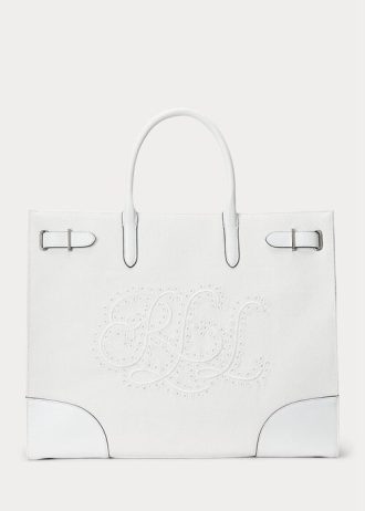 Weiß/Weiß Damen Ralph Lauren Eyelet Canvas Große Devyn Tragetaschen
