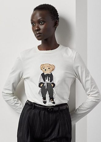 Weiße Damen Ralph Lauren Cinema Polo Bear Langarm-T-Shirts aus Baumwolle Weiße Damen Ralph Lauren Cinema Polo Bear Langarm-T-Shirts aus Baumwolle