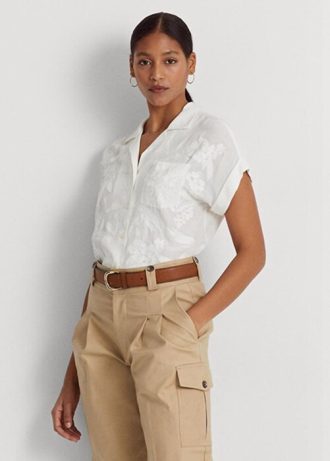 Weiße Damen Ralph Lauren Eyelet Voile Kurzarmblusenoberteile