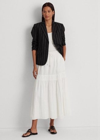 Weiße Damen Ralph Lauren Leinen Maxirock mit Stufenmuster