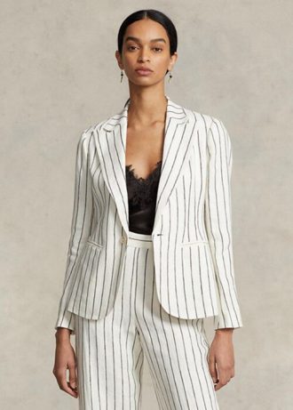 Weiße gestreifte Blazer aus Leinen-Jacquard von Ralph Lauren für Damen