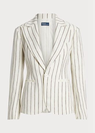 Weiße gestreifte Blazer aus Leinen-Jacquard von Ralph Lauren für Damen