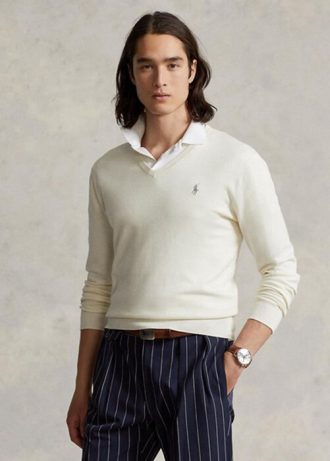 Weiße Herrenpullover aus strukturierter Baumwolle von Ralph Lauren in Slim Fit Weiße Herrenpullover aus strukturierter Baumwolle von Ralph Lauren in Slim Fit