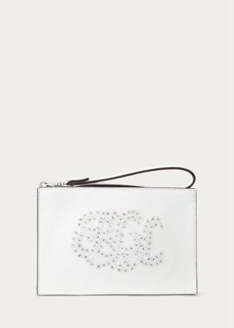 Weiße kleine Handtasche aus Leder mit Ösenstickerei für Damen von Ralph Lauren