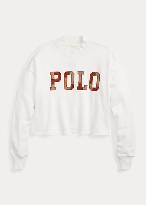 Weiße Oversize-Sweatshirts aus Baumwolle mit Stehkragen und Ralph Lauren-Logo für Damen Weiße Oversize-Sweatshirts aus Baumwolle mit Stehkragen und Ralph Lauren-Logo für Damen
