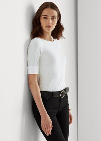 Weiße Ralph Lauren Baumwoll-Tops mit U-Boot-Ausschnitt für Damen