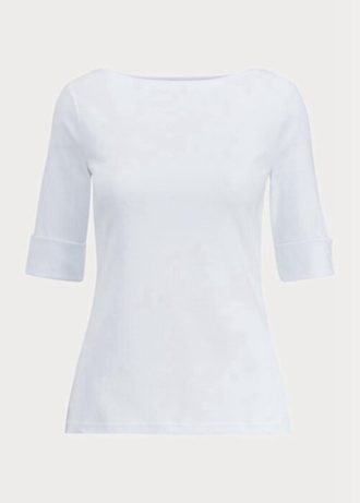 Weiße Ralph Lauren Baumwoll-Tops mit U-Boot-Ausschnitt für Damen