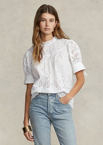 Weiße Ralph Lauren Baumwolloberteile mit Ösenstickerei für Damen