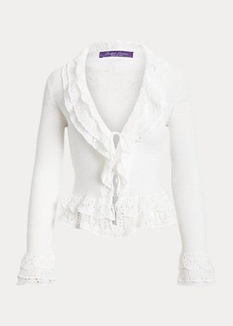 Weiße Ralph Lauren Cardigan-Pullover mit Rüschenbesatz für Damen