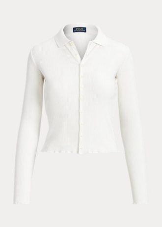 Weiße Ralph Lauren Cropped Ribbed Poloshirts mit Knopfleiste für Damen Weiße Ralph Lauren Cropped Ribbed Poloshirts mit Knopfleiste für Damen