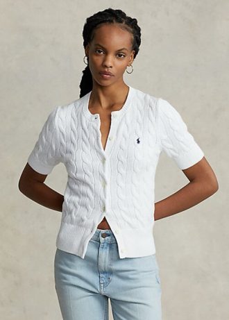 Weiße Ralph Lauren Damen-Kurzarmpullover mit Zopfmuster