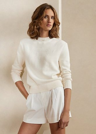 Weiße Ralph Lauren Embellished RL Pullover aus Baumwollmischung für Damen