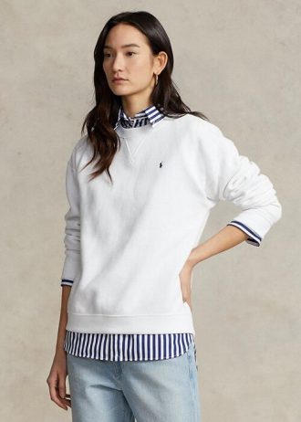 Weiße Ralph Lauren Fleece-Pullover mit Rundhalsausschnitt für Damen