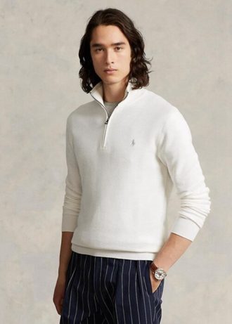 Weiße Ralph Lauren Herren-Pullover aus Baumwolle mit Viertelreißverschluss und Netzstrick Weiße Ralph Lauren Herren-Pullover aus Baumwolle mit Viertelreißverschluss und Netzstrick