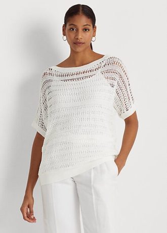 Weiße Ralph Lauren Kurzarmpullover aus Baumwollnetz für Damen