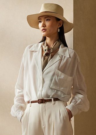 Weiße Ralph Lauren Roslin Leinen-Voile-Hemden für Damen