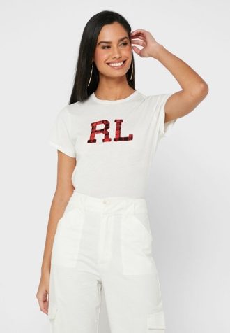 Weiße Ralph Lauren Rundhals-Oberteile mit Grafik für Damen