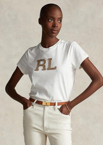 Weiße Ralph Lauren T-Shirts aus Jersey mit Wildleder-Applikationen für Damen