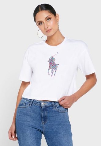 Weiße Ralph Lauren T-Shirts mit Rundhalsausschnitt und Grafik für Damen