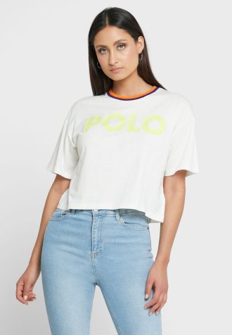 Weiße Ralph Lauren T-Shirts mit Rundhalsausschnitt und Grafik für Damen
