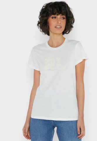 Weiße Ralph Lauren T-Shirts mit Rundhalsausschnitt und Grafik für Damen