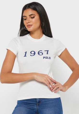 Weiße Ralph Lauren T-Shirts mit Rundhalsausschnitt und Grafik für Damen