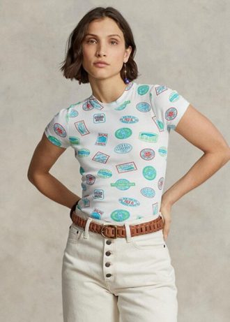 Weiße T-Shirts aus gerippter Baumwolle mit Reisemotiv von Ralph Lauren für Damen