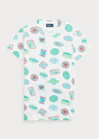 Weiße T-Shirts aus gerippter Baumwolle mit Reisemotiv von Ralph Lauren für Damen