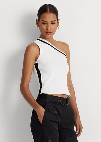 Weiße, zweifarbige, kurze Pullover mit One-Shoulder-Ausschnitt von Ralph Lauren für Damen