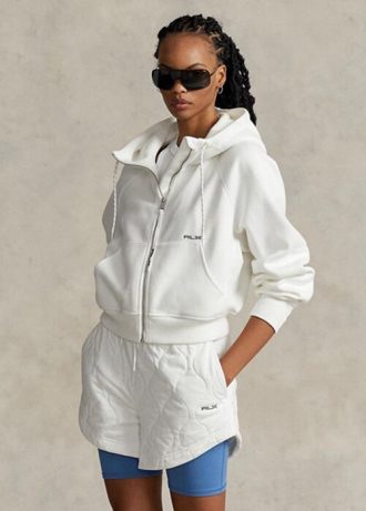 Weißer Ralph Lauren Fleece-Hoodie mit durchgehendem Reißverschluss und Dolman-Ärmeln für Damen
