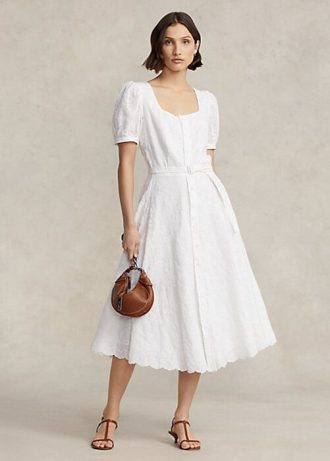 Weißes Leinenkleid mit Ösenstickerei für Damen von Ralph Lauren
