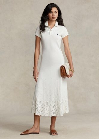 Weißes Ralph Lauren-Kleid aus Stretch-Baumwollnetz mit Ösen für Damen