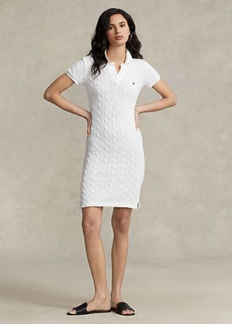 Weißes Ralph Lauren Skinny Fit Baumwollkleid mit Zopfmuster für Damen