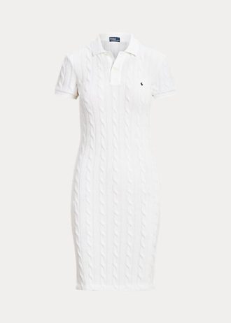 Weißes Ralph Lauren Skinny Fit Baumwollkleid mit Zopfmuster für Damen