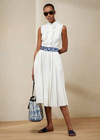Weißes, ärmelloses Tageskleid „Roald“ aus plissiertem Leinen für Damen von Ralph Lauren