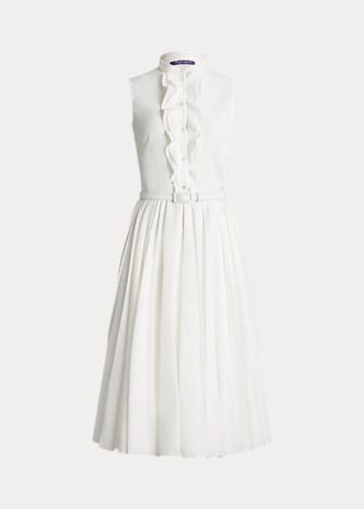 Weißes, ärmelloses Tageskleid „Roald“ aus plissiertem Leinen für Damen von Ralph Lauren